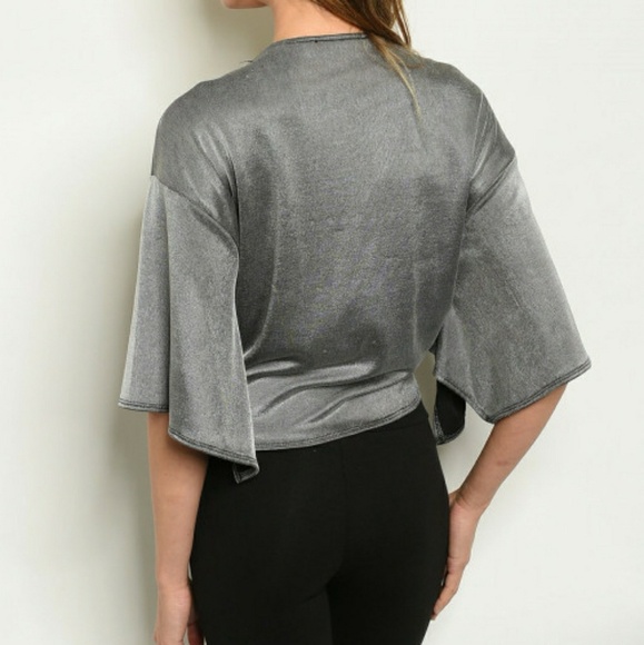 TIE FRONT BLACK BEAD SILVER SHORT SLEEVE KNOT BOW TOP - Picture 2 of 2